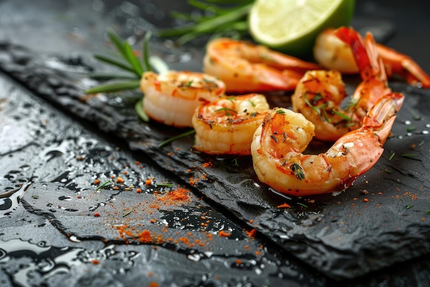 Cooked Shrimps with Fresh Lime and Herbs on a Dark Slate Background