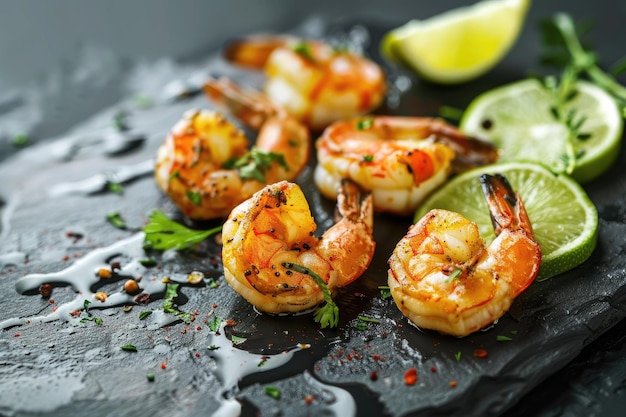 Cooked Shrimps with Fresh Lime and Herbs on a Dark Slate Background