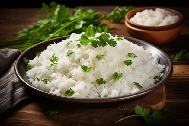 Cooked white rice served with fresh parsley