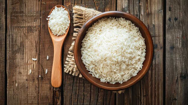 Cooked white rice in a wooden bowl with a wooden spoon on a table Generative AI