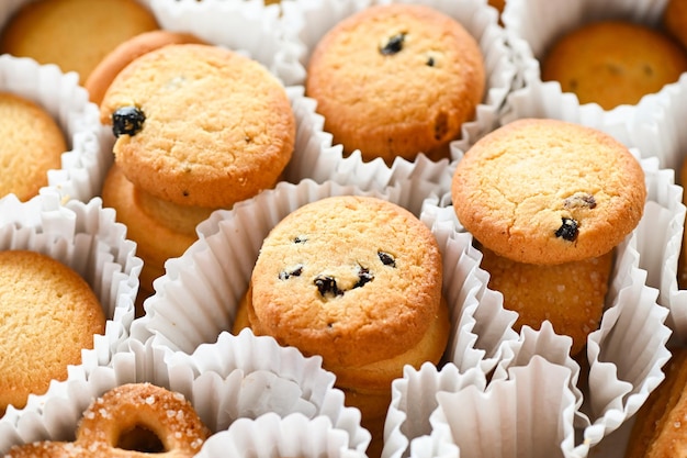 Cookie box with danish butter cookies on box background close up