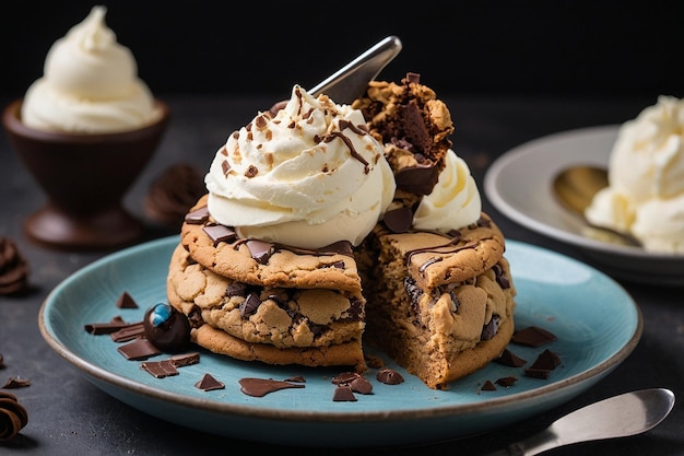 A cookie cake with a scoop of vanilla ice cream