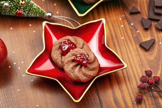 Cookie - chocolate cookies on plate - food Christmas decorations background