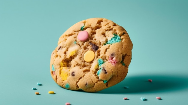 A cookie with a colorful candy coating sits on a blue background.