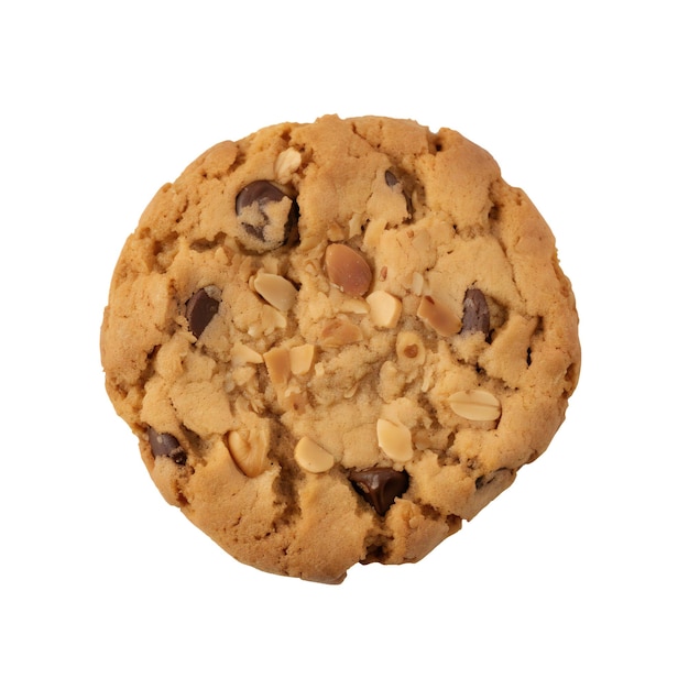 A cookie with a peanut butter topping and a few small pieces of chocolate chips on top.