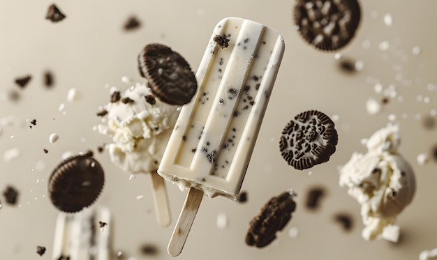 Cookies and Cream Popsicle flying in the air a ivory background