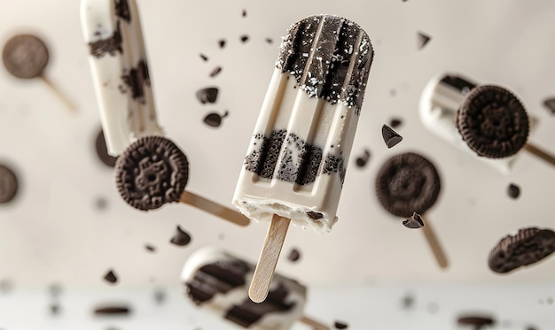 Cookies and Cream Popsicle flying in the air a ivory background