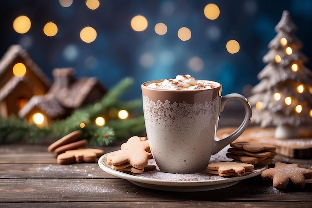 Cookies and cup with hot chocolate on empty wooden table on a Christmas bokeh background