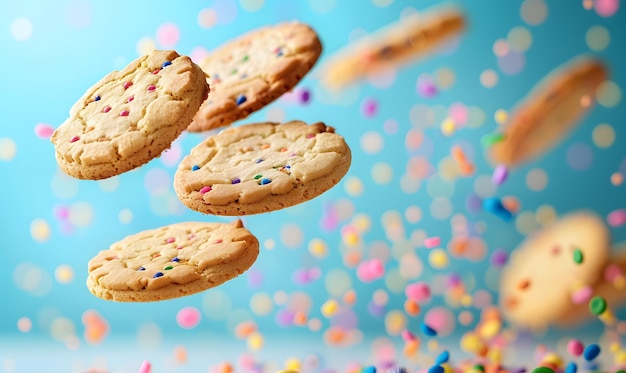 Photo cookies flying in the air a colorful