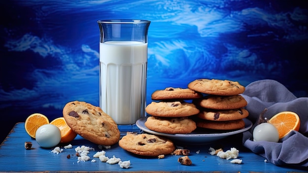 Cookies and milk on the table with a blue background generated by AI