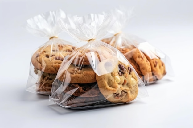 Cookies packages in cellophane on white background