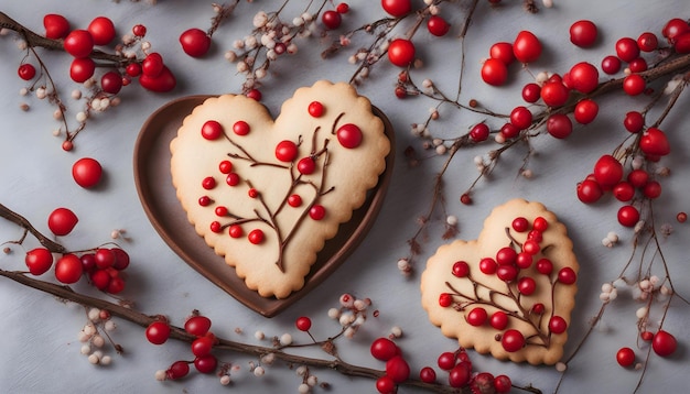 cookies in the shape of heart with ashberry branches