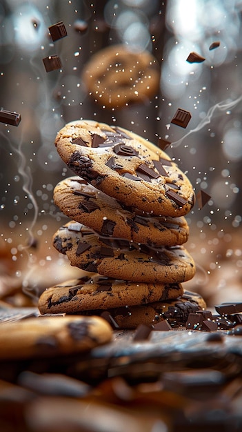 cookies stacked on top of each other with chocolate chips on top