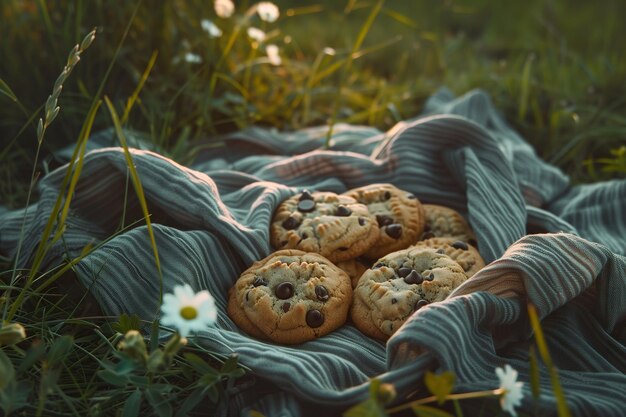 Photo cookies with chocolate chips on a tablecloth in the grass picnic concept