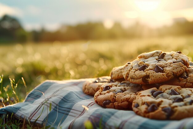 Photo cookies with chocolate chips on a tablecloth in the grass picnic concept