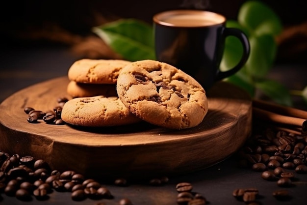 Cookies with coffee cup beans placed on a wooden plate high quality background