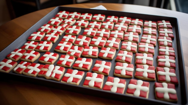 Cookies with the cross on them are decorated with red and white crosses.