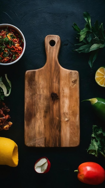 Cooking background with old empty cutting board black background top view copy space