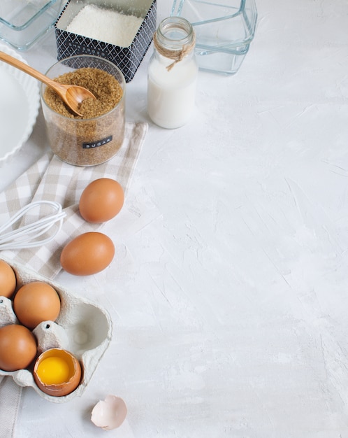 Cooking  Baking  with ingredients and utensils, top view, copy space