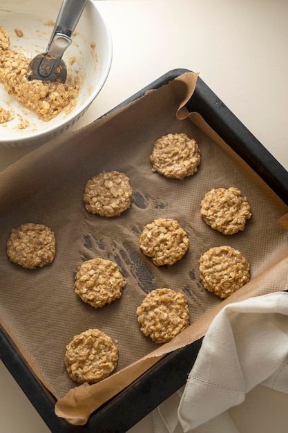 Cooking banana cookies Top view of raw dough cookies in baking tray