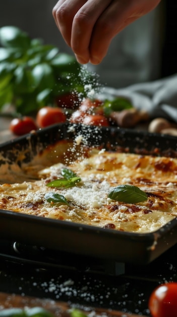 Photo cooking by a chef italian lasagna frying a dressing in a frying pan and sprinkling