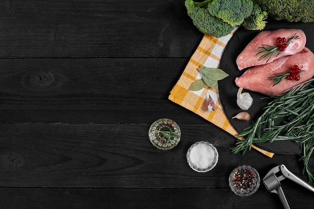 Cooking chicken breasts On the table are spices rosemary red and black pepper Concept healthy food On a black wooden background Top view with copy space Still life Flat lay