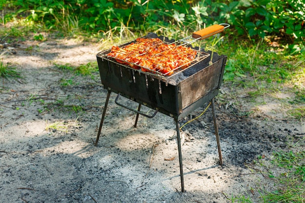 Cooking chicken wings and legs on the grill Roasted meat on the grill closeup