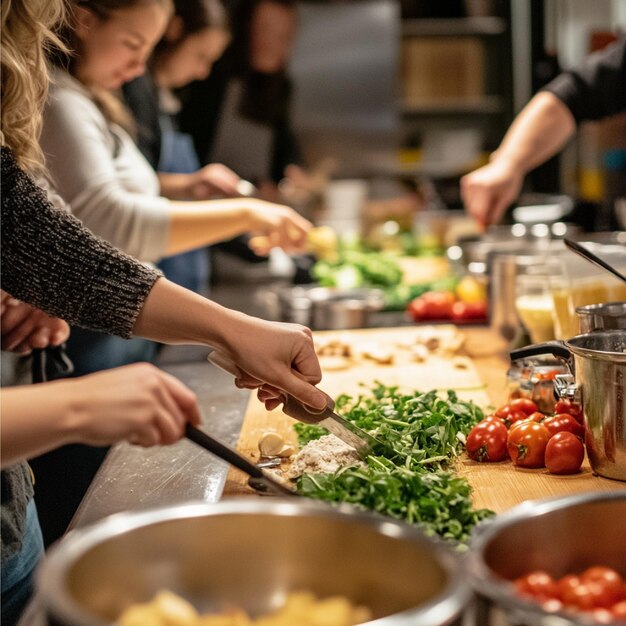 A cooking class where students are following a recipe chopping ingredients and cooking a dish toge