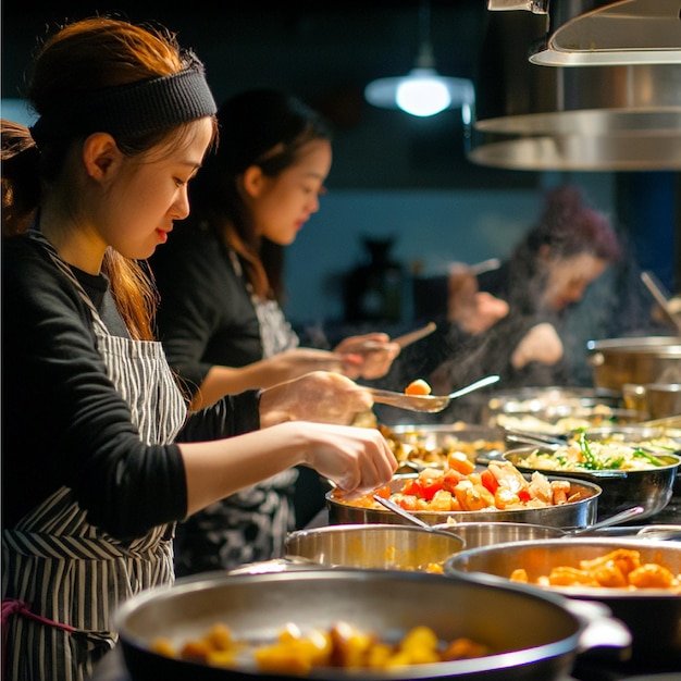 A cooking class with students preparing and tasting various dishes