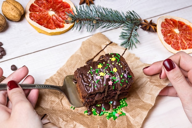 Cooking and decoration Christmas chocolate cakes