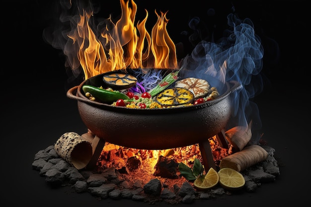 Cooking delicious food on a campfire creative fresh cuisine barbecue vegetables and fruits on the grill Generative AI