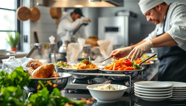 Cooking a delicious main course in the restaurant kitchen Catering on holiday isolated with white