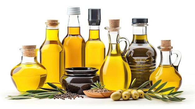 Photo cooking essentials vegetable oil and olive oil in different bottles isolated on white stock photo