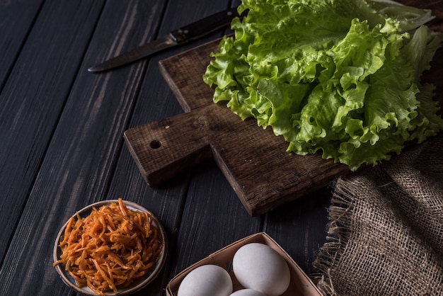 Cooking food on a wooden table