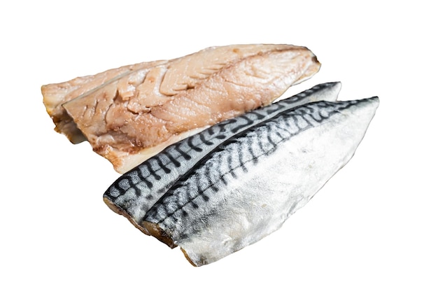 Cooking of fresh raw mackerel fillet fish on a cutting board Isolated on white background