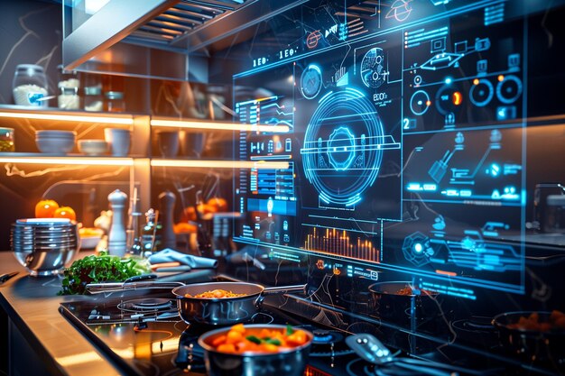 Photo cooking in futuristic restaurant kitchen with virtual hologram graphic high technology cooking atmo