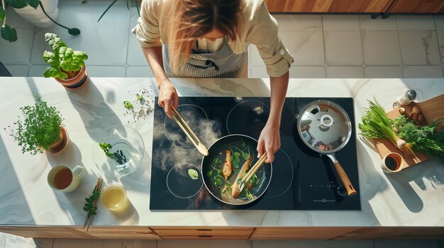 Photo cooking healthy meal overhead shot of person making food in modern kitchen use this image for culinary blogs cooking websites or health content it is perfect for social media ai