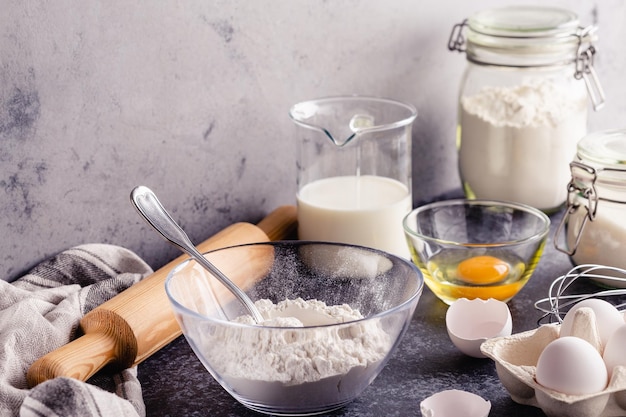 Cooking ingredients for dough eggs flour sugar milk