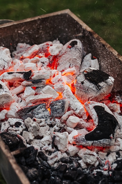 Cooking kebab meat with skewers on grill.