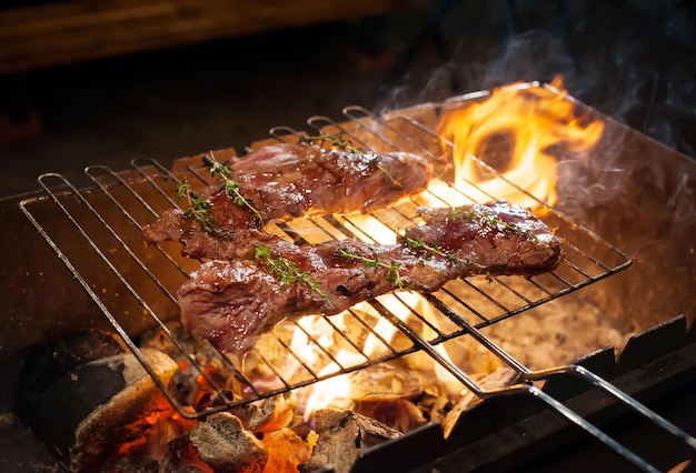 Cooking meat steaks on the fire on the grill at night closeup Defocus