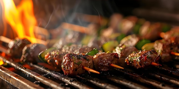 Cooking meat and vegetable skewers up close on a hot barbecue grill Concept Outdoor Cooking BBQ Grill Skewers Meat Vegetables