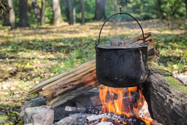 Cooking in the nature. Cauldron on fire in forest