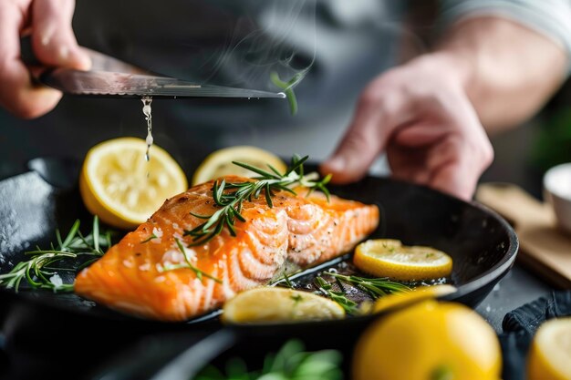 Photo cooking omegarich salmon fillet with lemons