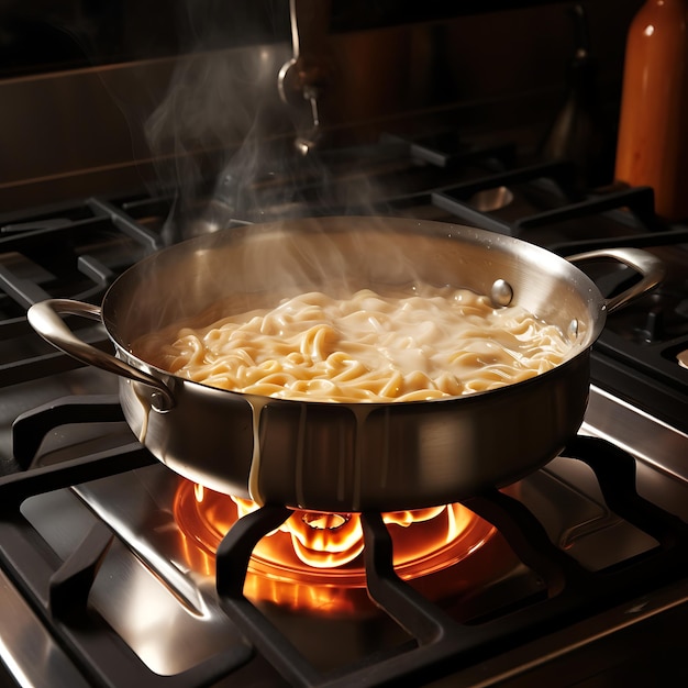 Cooking pasta with tomato sauce in pot on gas stove closeup