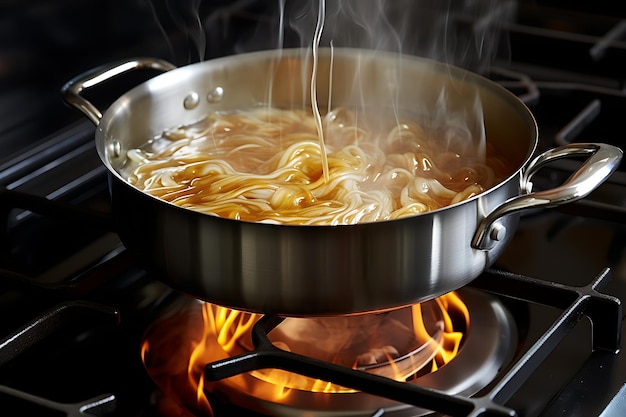 Cooking pasta with tomato sauce in pot on gas stove closeup