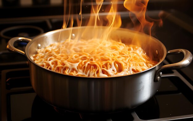 Cooking pasta with tomato sauce in pot on gas stove closeup