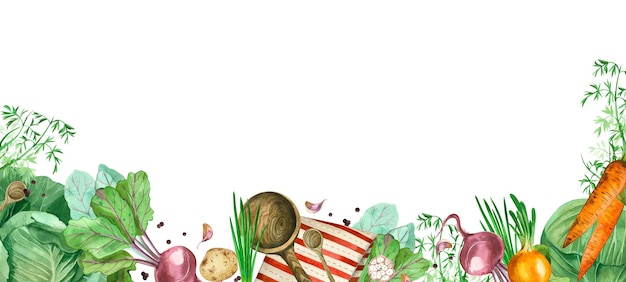 Cooking Rectangular banner on the theme of cooking vegetables cabbage carrots green onions garlic