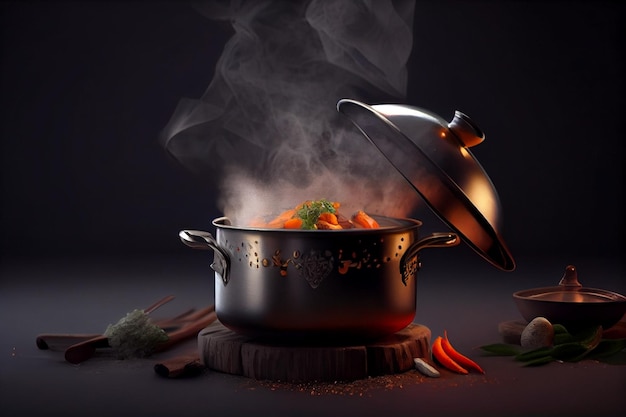 Cooking soup in the pot with fire and smoke on dark backgroundgenerative ai