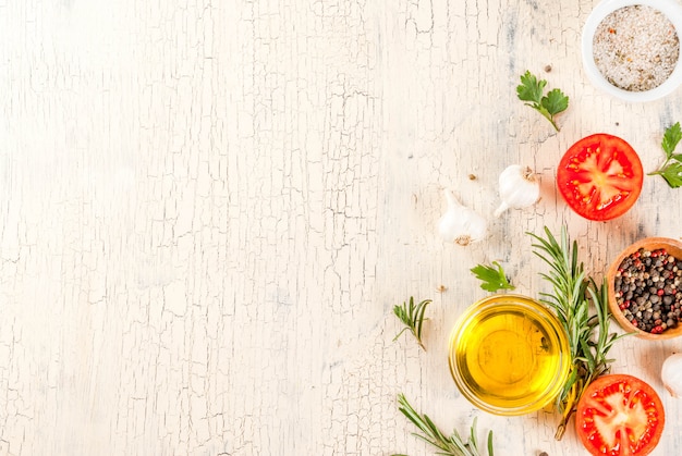 Cooking surface, herbs, salt, spices, olive oil