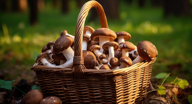 Cooking tasty organic food with Boletus mushrooms in a wicker basket including Autumn Cep and Spring